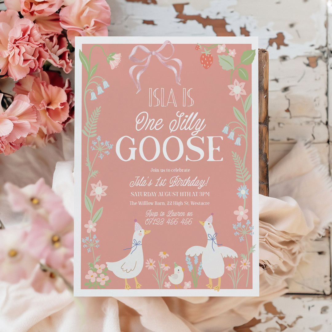Coral One Silly Goose First Birthday Invitation
