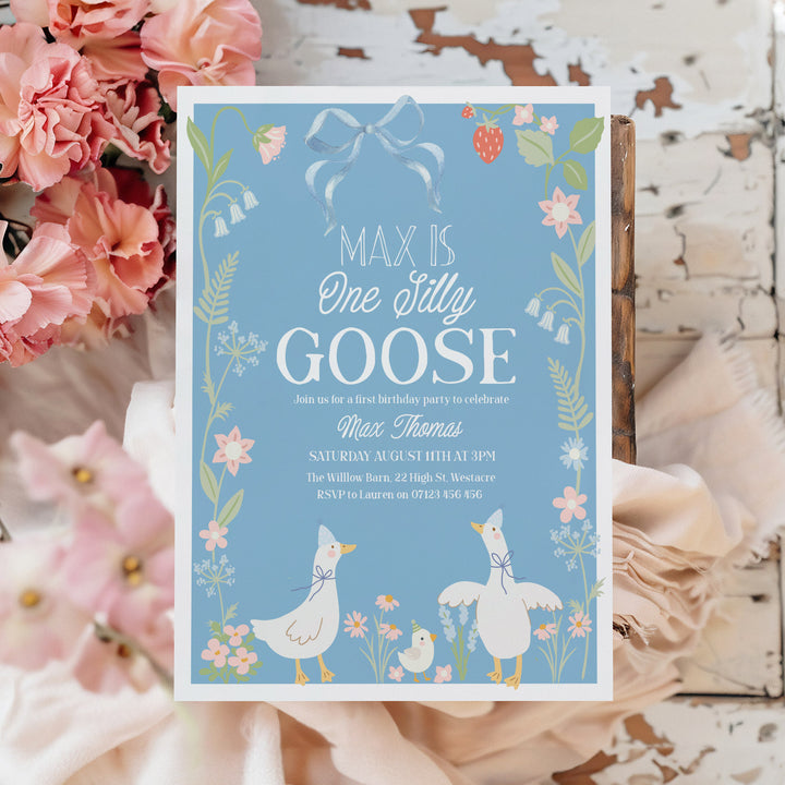 Editable One Silly Goose Birthday Invitation, Blue Background & Floral Editable 1st Birthday One Silly Goose Invitation In Canva OSG