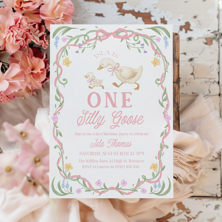 Pink Floral One Silly Goose First Birthday Invitation