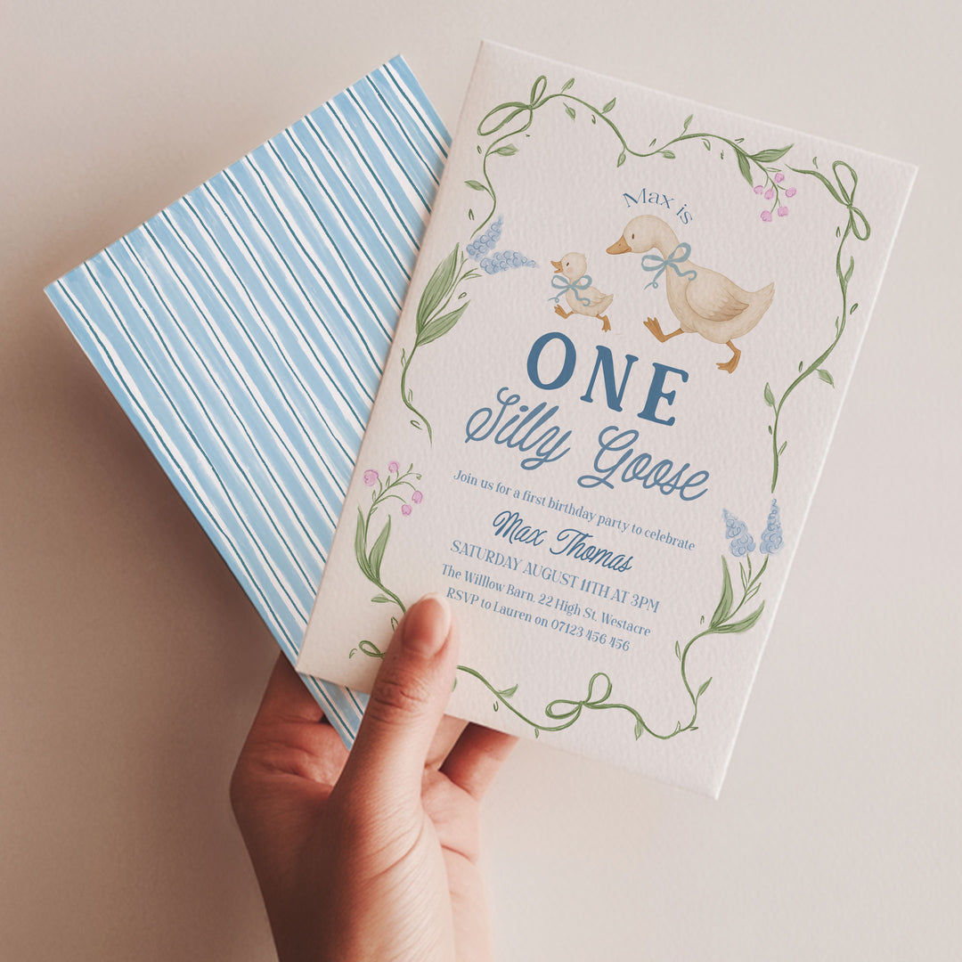 Blue Floral One Silly Goose First Birthday Invitation