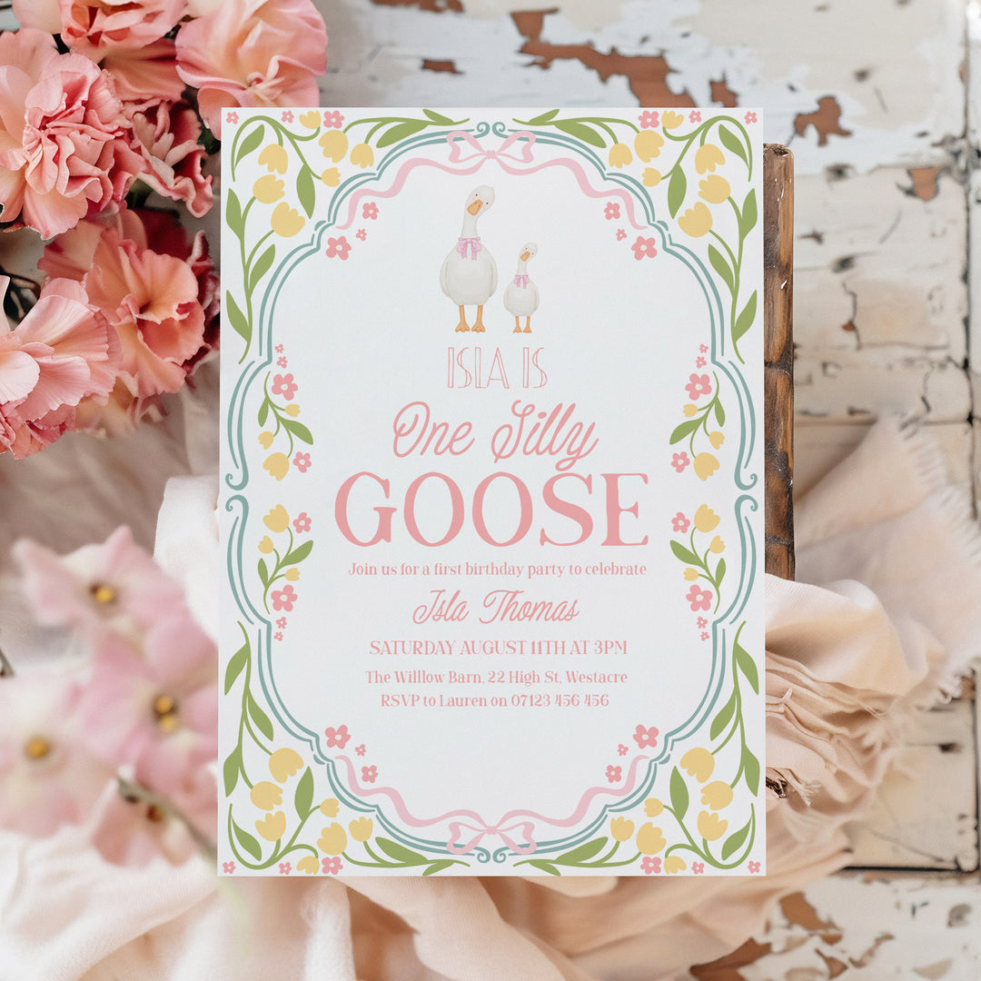 One Silly Goose First Birthday Editable Invitation, Yellow Floral Editable 1st Birthday One Silly Goose Invitation In Canva OSG