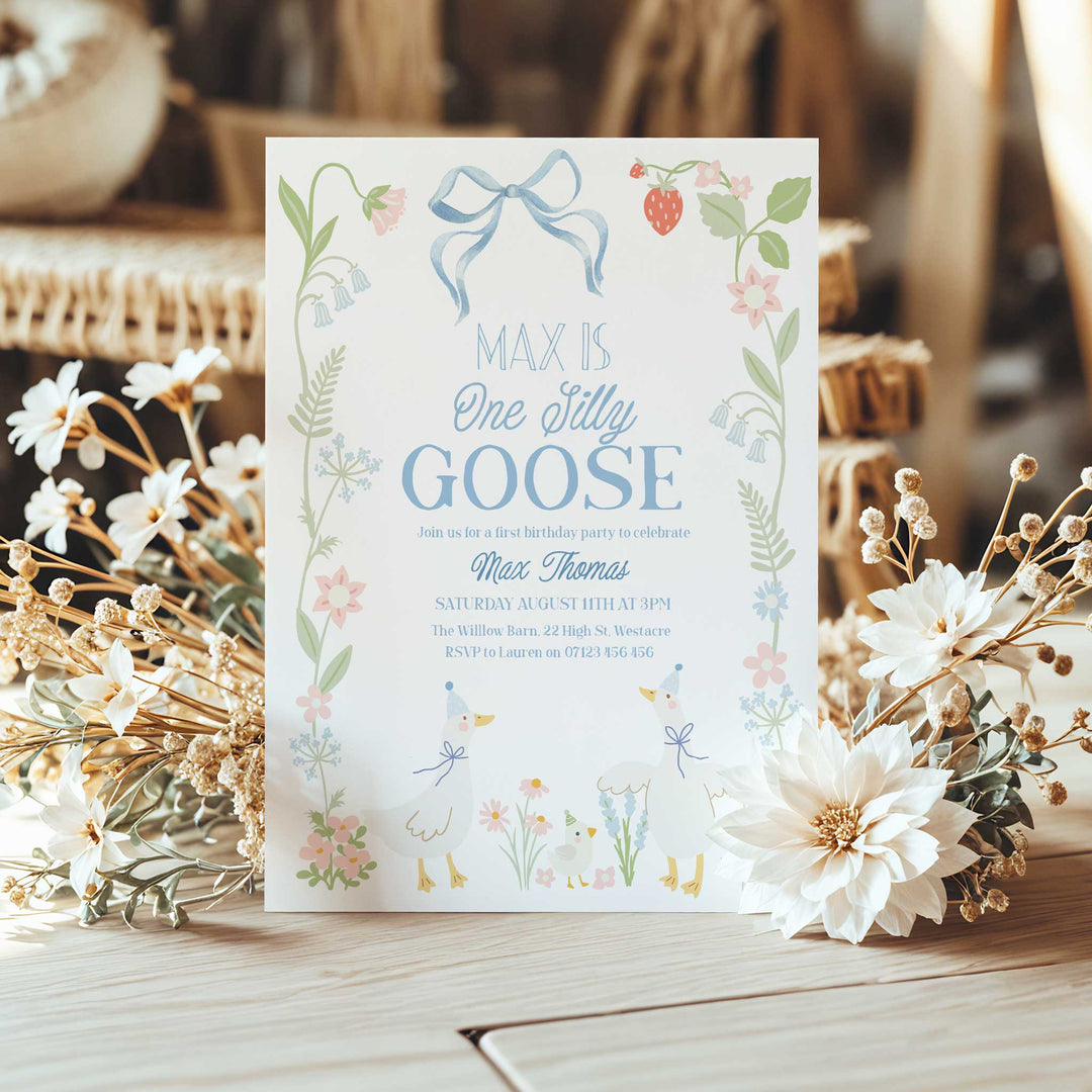 Blue Floral One Silly Goose Invitation
