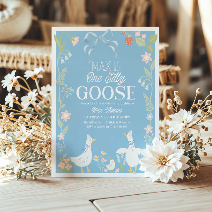 Editable One Silly Goose Birthday Invitation, Blue Background & Floral Editable 1st Birthday One Silly Goose Invitation In Canva OSG