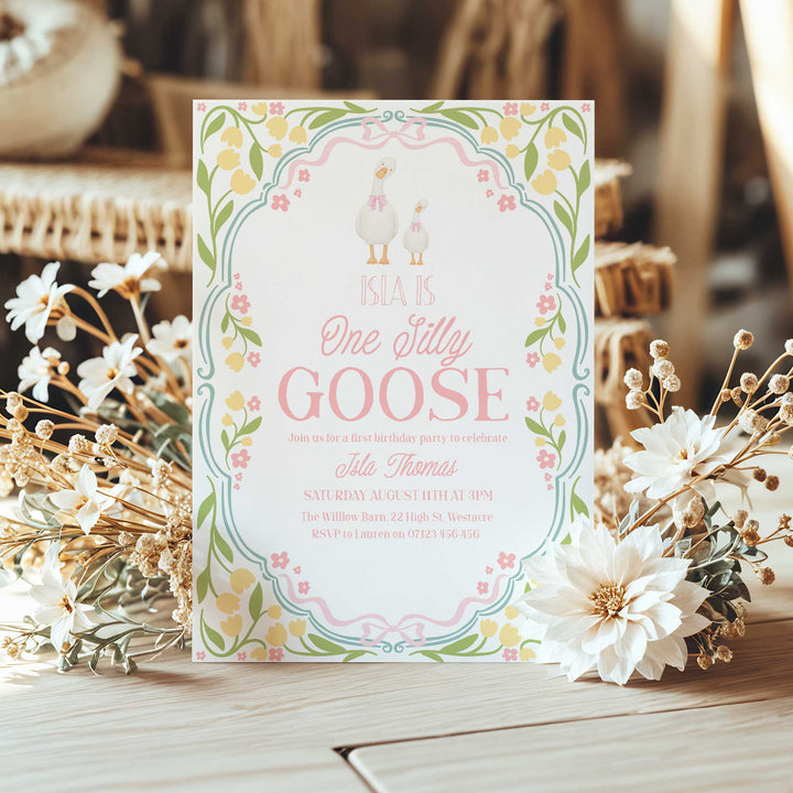 One Silly Goose First Birthday Editable Invitation, Yellow Floral Editable 1st Birthday One Silly Goose Invitation In Canva OSG
