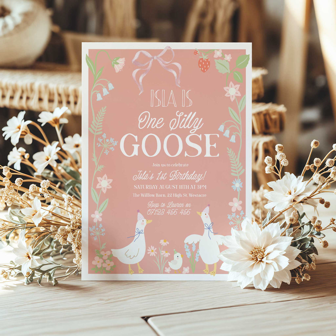 Coral One Silly Goose First Birthday Invitation