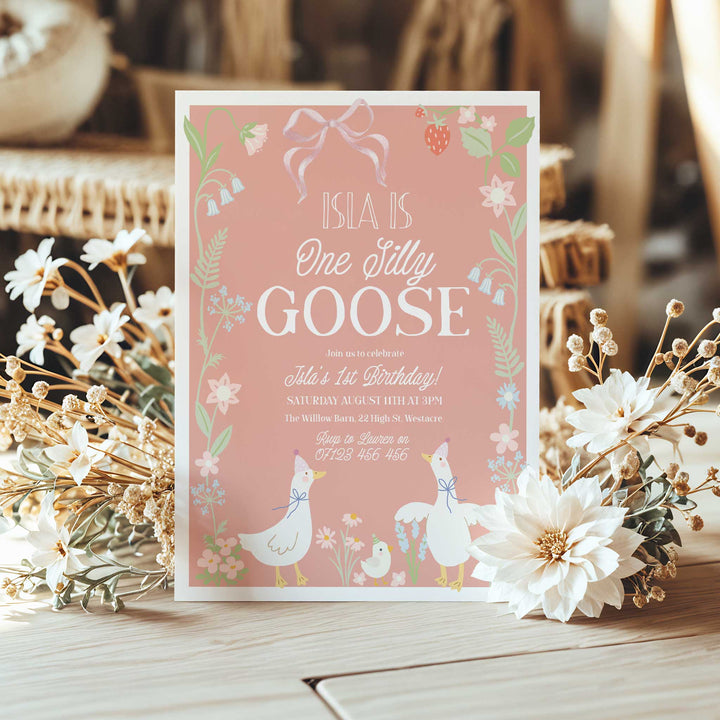 Coral One Silly Goose First Birthday Invitation
