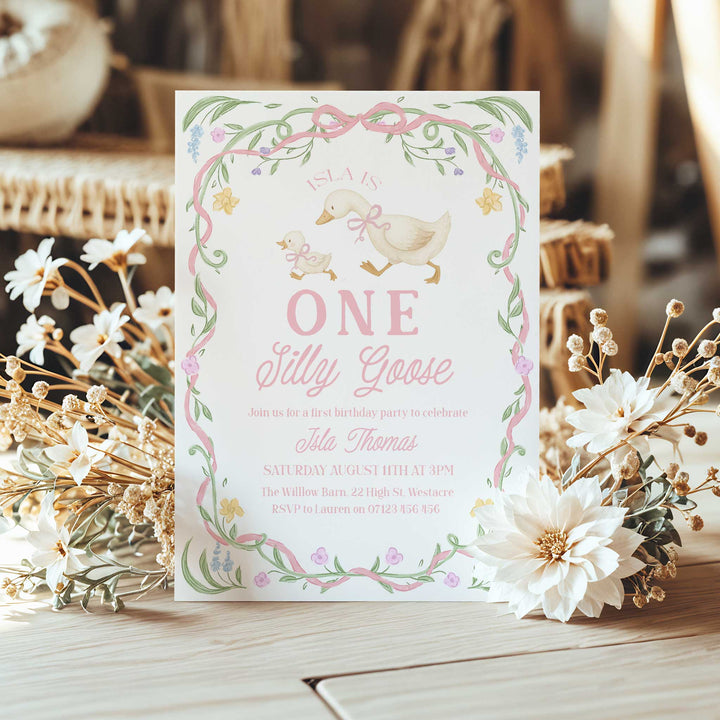 Pink Floral One Silly Goose First Birthday Invitation