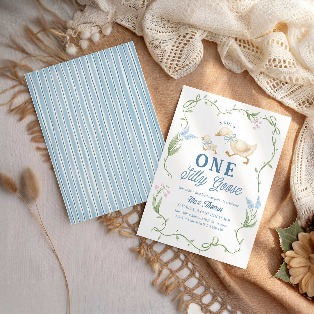 Blue Floral One Silly Goose First Birthday Invitation