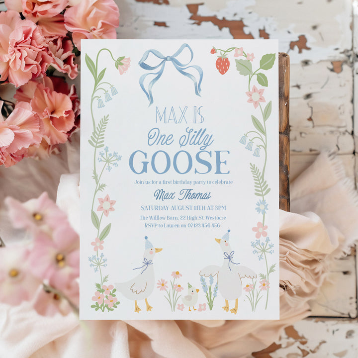 Blue Floral One Silly Goose Invitation