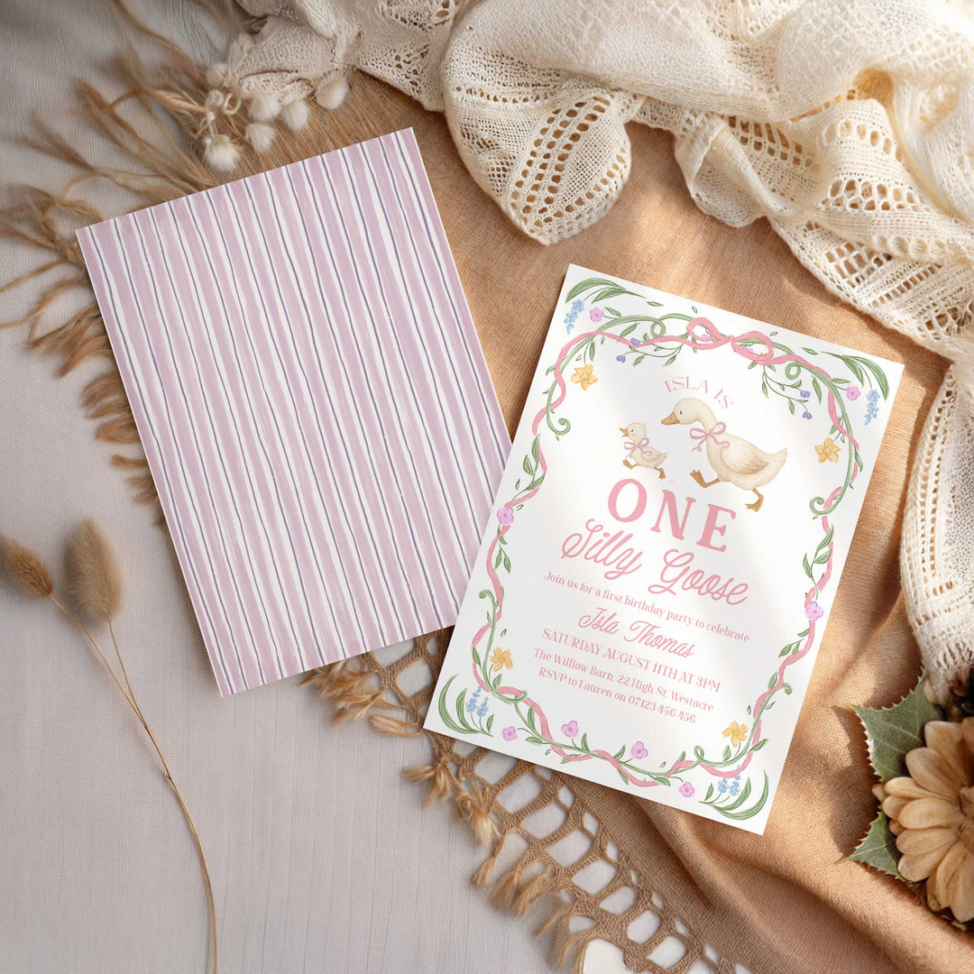 Pink Floral One Silly Goose First Birthday Invitation