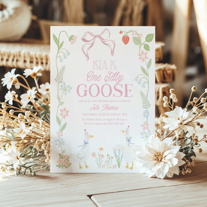 Pink Floral One Silly Goose Invitation