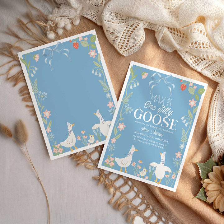 Editable One Silly Goose Birthday Invitation, Blue Background & Floral Editable 1st Birthday One Silly Goose Invitation In Canva OSG