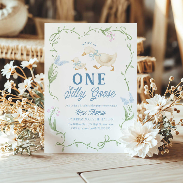 Blue Floral One Silly Goose First Birthday Invitation