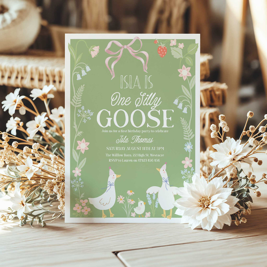 Green One Silly Goose First Birthday Invitation