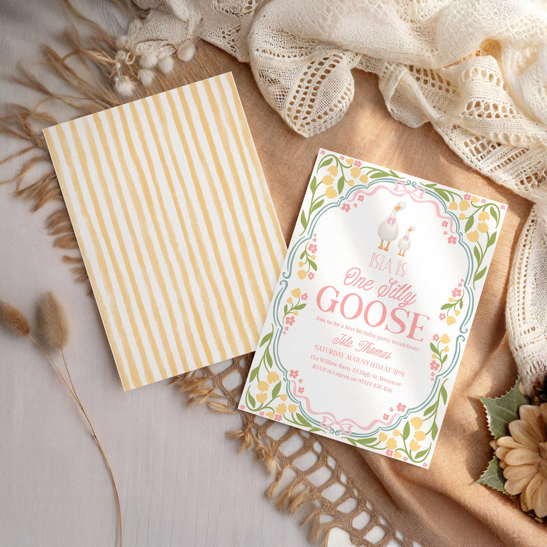 One Silly Goose First Birthday Editable Invitation, Yellow Floral Editable 1st Birthday One Silly Goose Invitation In Canva OSG
