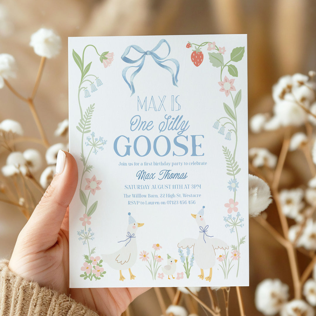 One Silly Goose Birthday Invitation, Floral Boy Editable 1st Birthday One Silly Goose Invitation Editable In Canva OSG