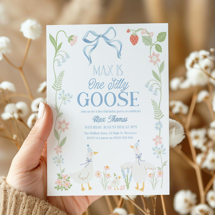 One Silly Goose Birthday Invitation, Floral Boy Editable 1st Birthday One Silly Goose Invitation Editable In Canva OSG