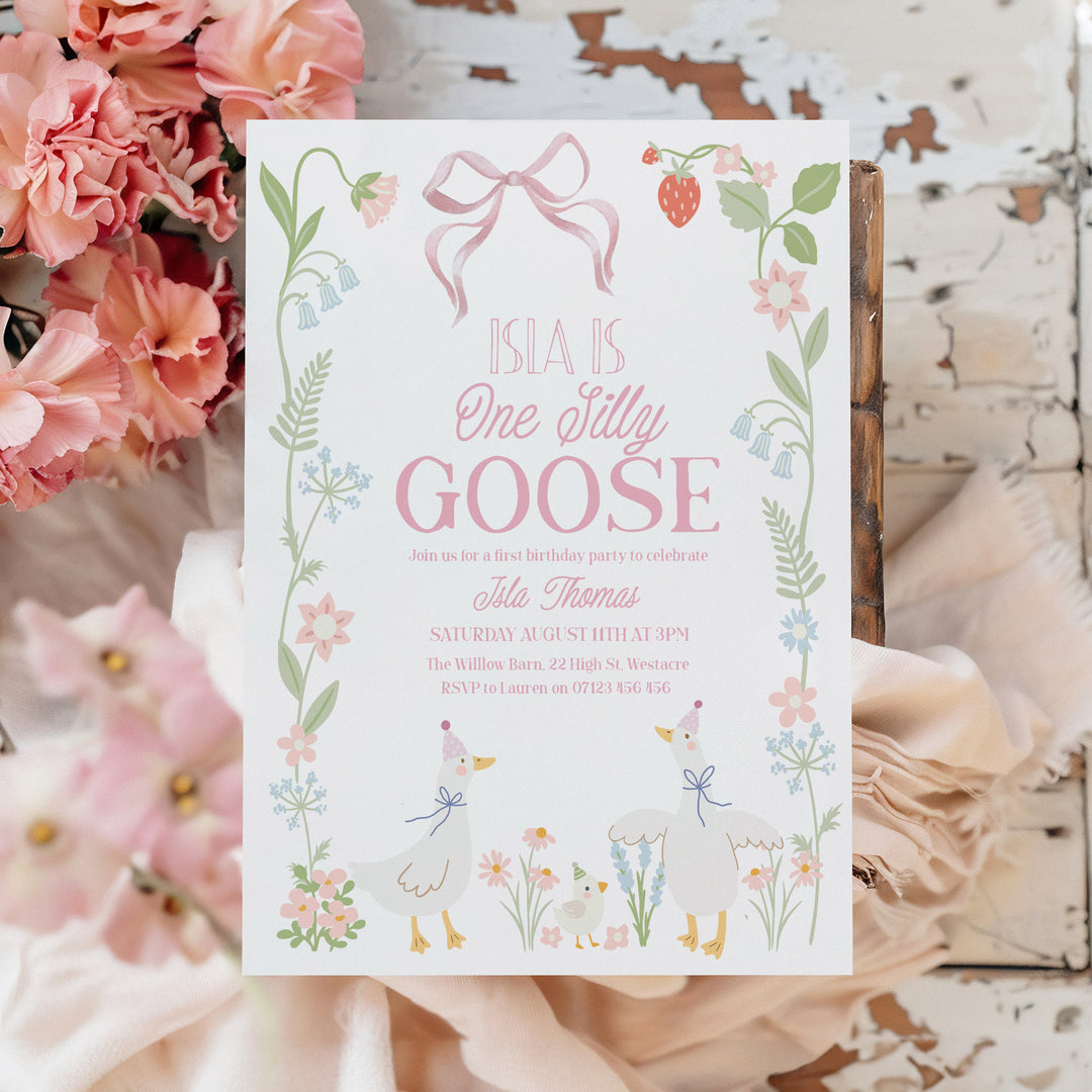 Pink Floral One Silly Goose Invitation