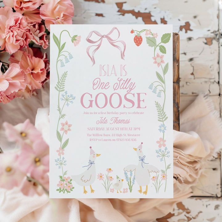 Pink Floral One Silly Goose Invitation