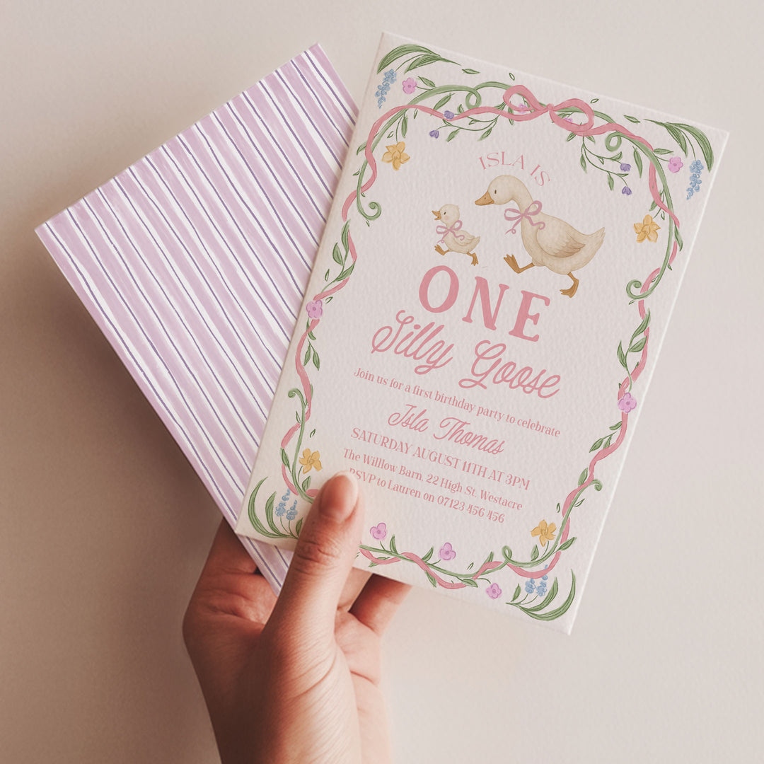 Pink Floral One Silly Goose First Birthday Invitation