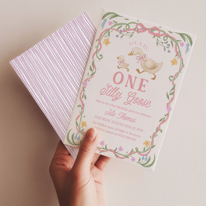 Pink Floral One Silly Goose First Birthday Invitation