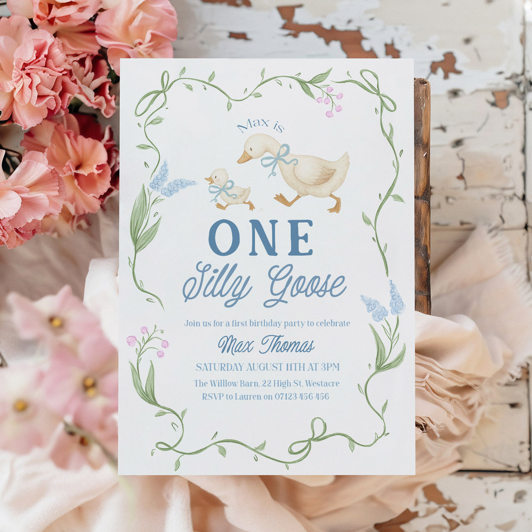 Blue Floral One Silly Goose First Birthday Invitation