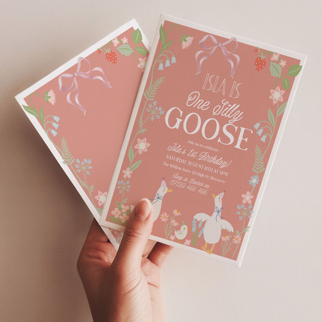 Coral One Silly Goose First Birthday Invitation