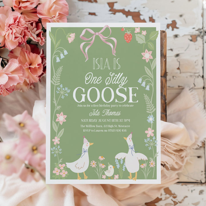 Green One Silly Goose First Birthday Invitation
