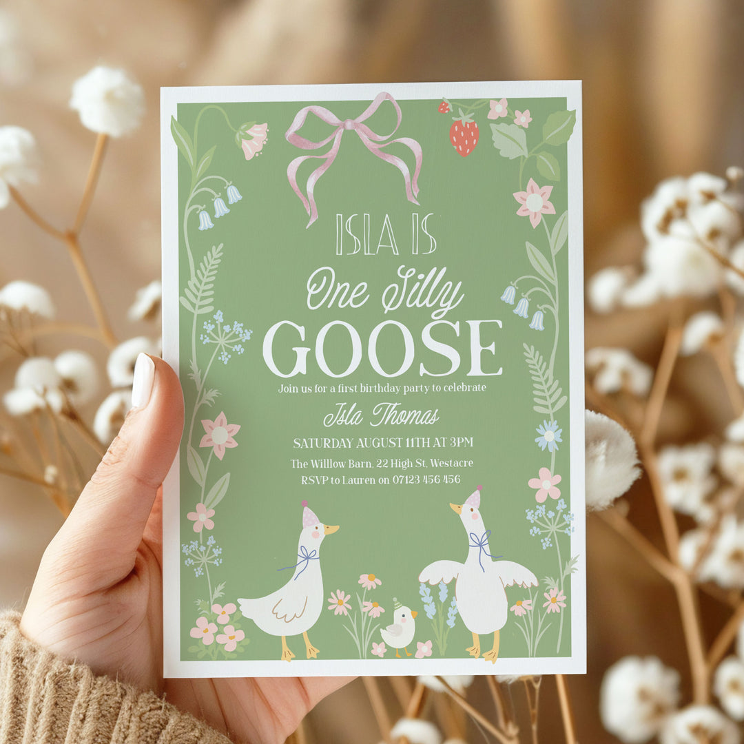 Green One Silly Goose First Birthday Invitation