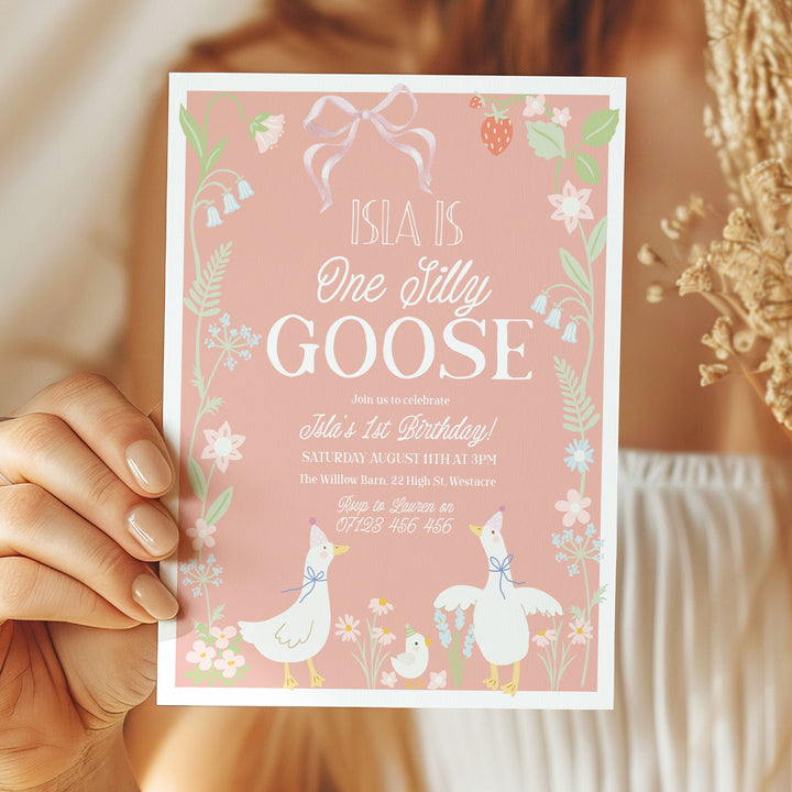 Coral One Silly Goose First Birthday Invitation