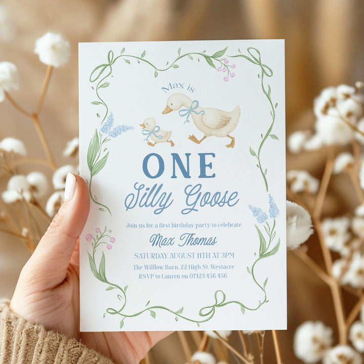 Blue Floral One Silly Goose First Birthday Invitation