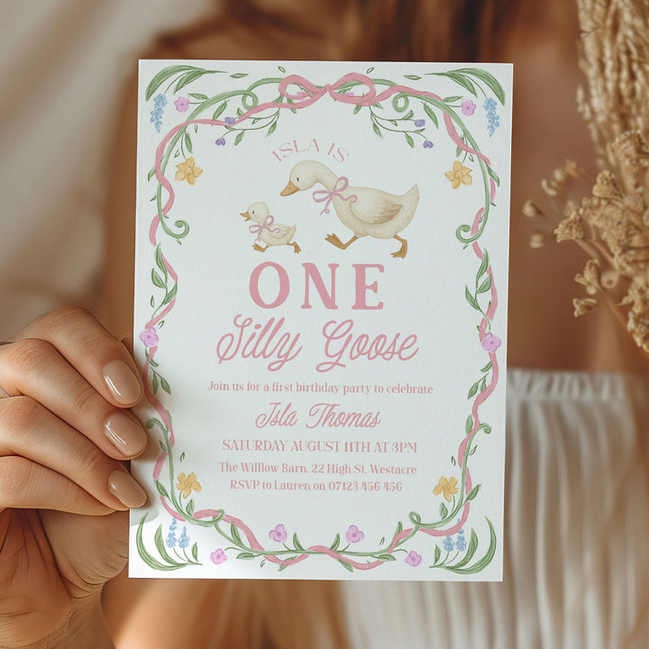 Pink Floral One Silly Goose First Birthday Invitation