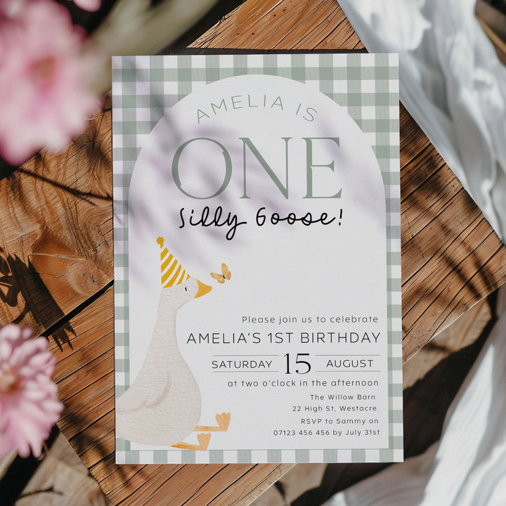 Green One Silly Goose Invitation