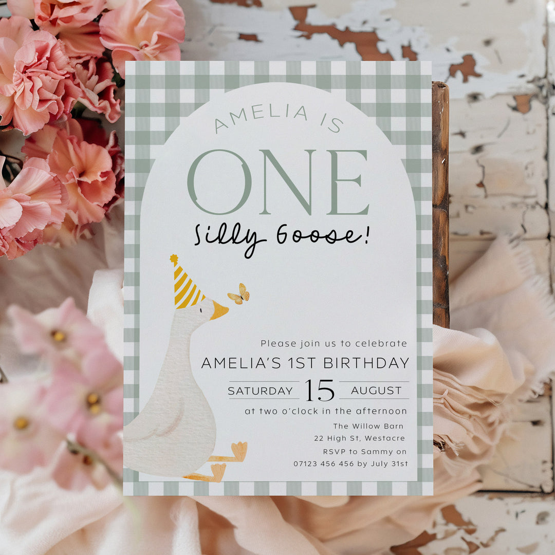 Green One Silly Goose Invitation