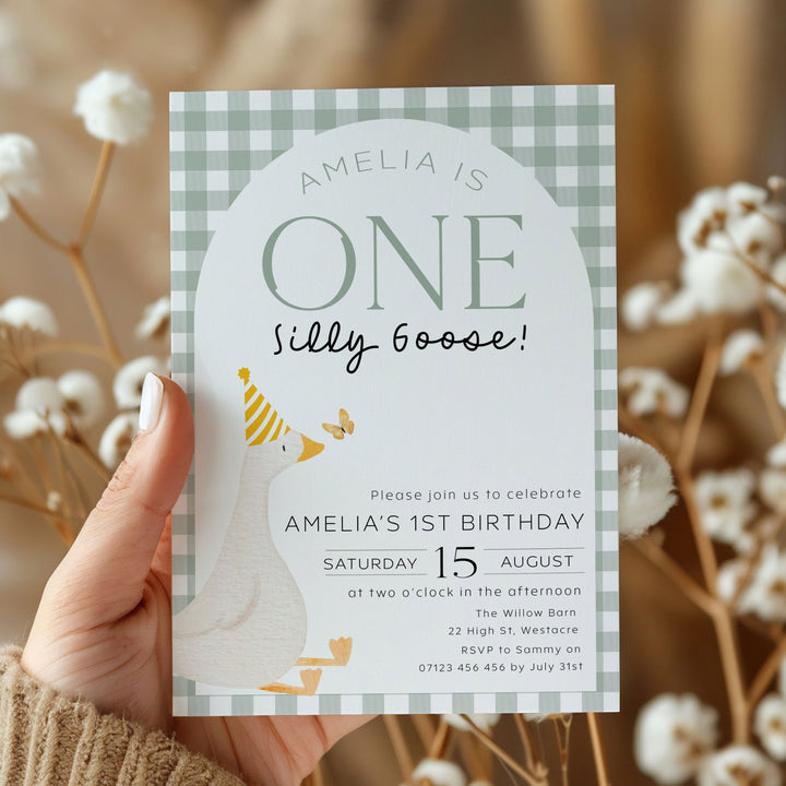 Green One Silly Goose Invitation