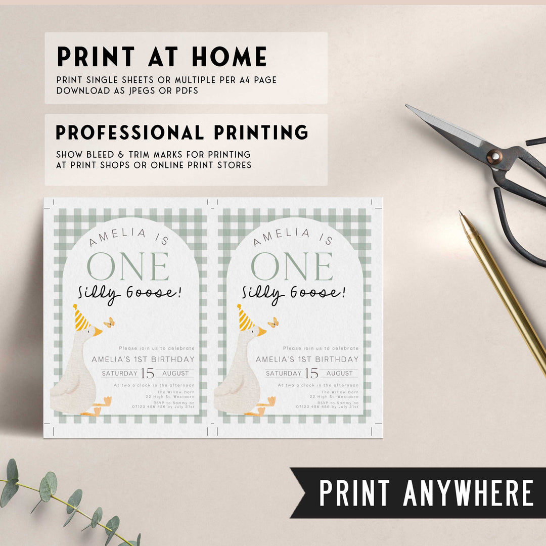 Green One Silly Goose Invitation