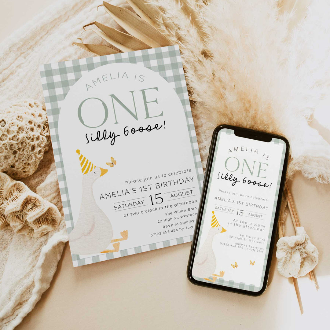 Green One Silly Goose Invitation