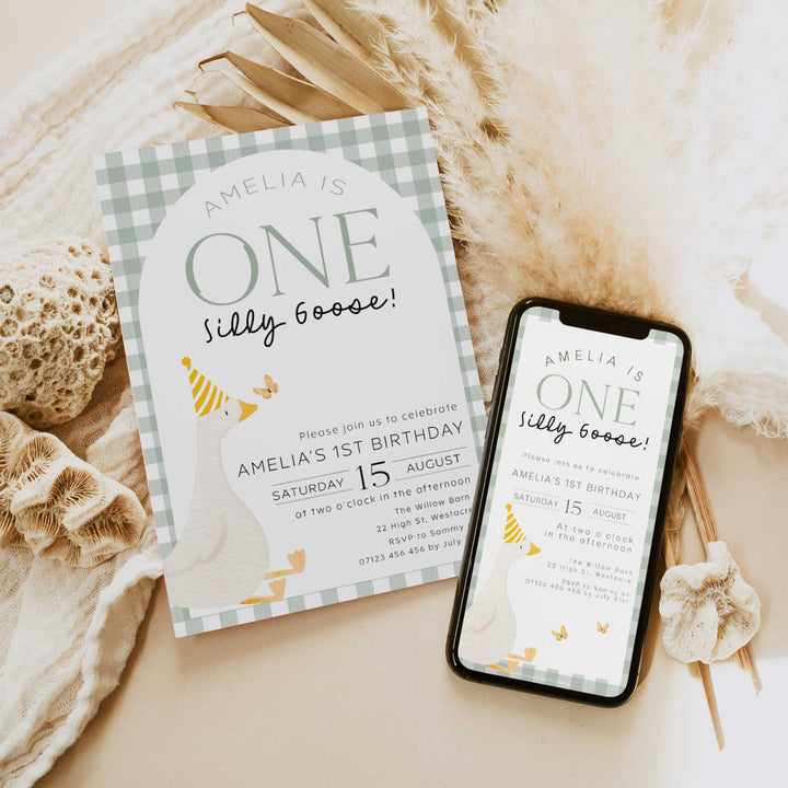 Green One Silly Goose Invitation