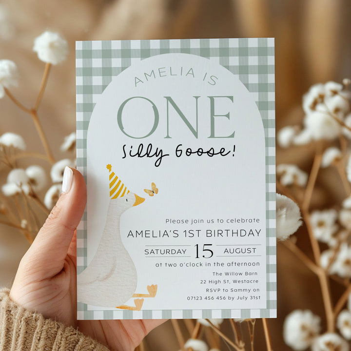 Green One Silly Goose Invitation