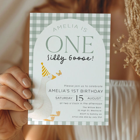 Green One Silly Goose Invitation