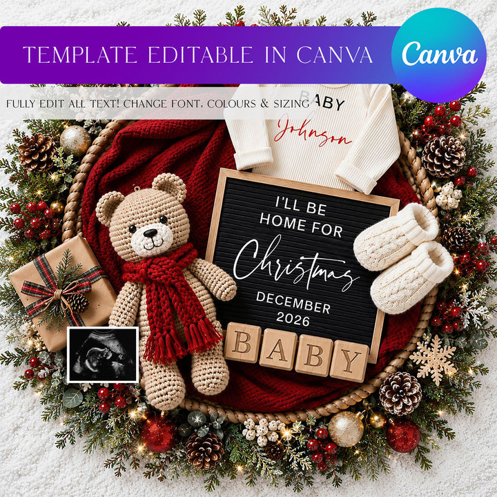 Bear With Scarf Christmas Pregnancy Announcement editable Canva template