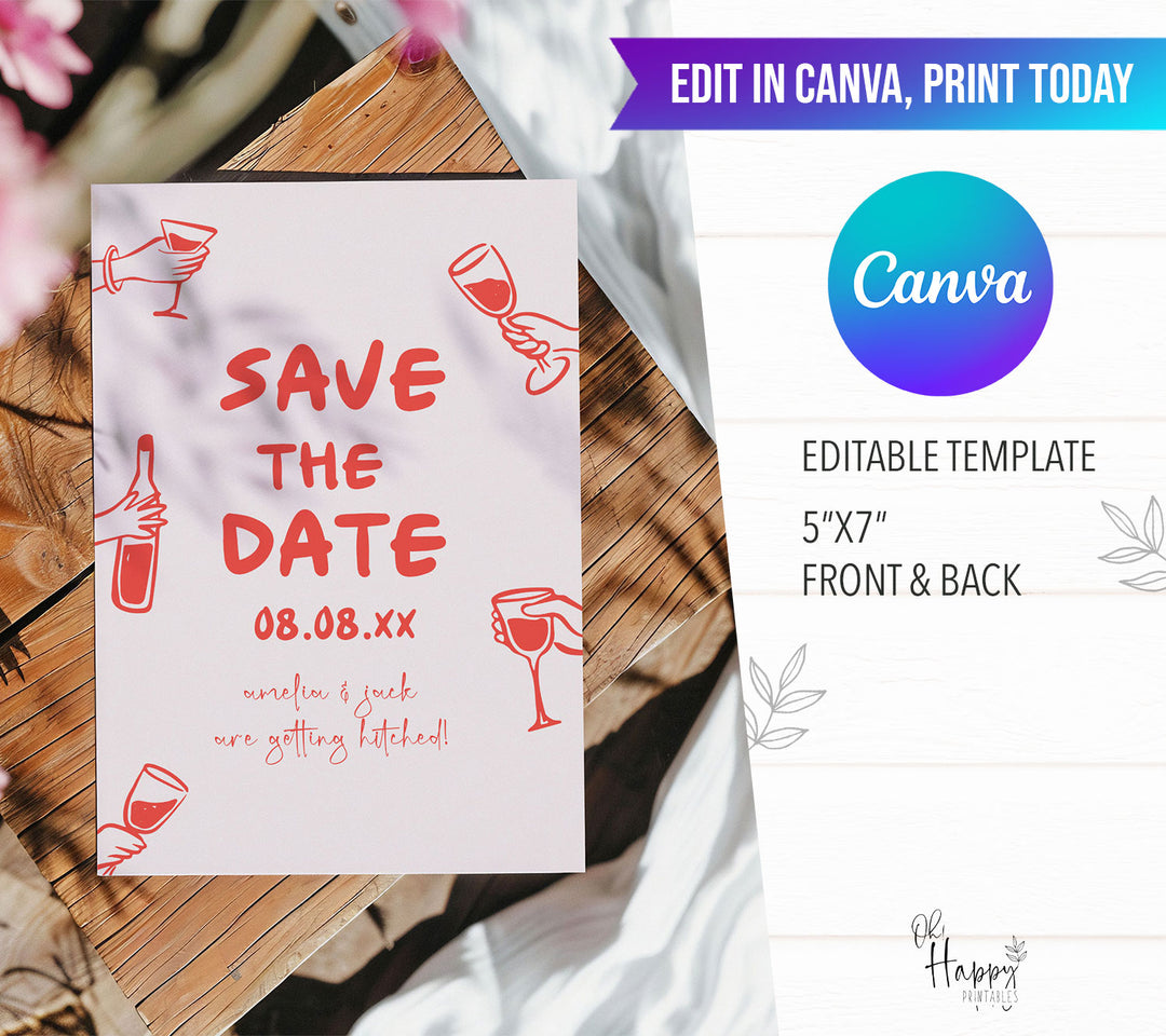 Doodle Red Wine Glass Save The Date