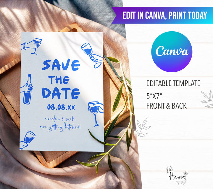 Doodle Blue Wine Glass Save The Date