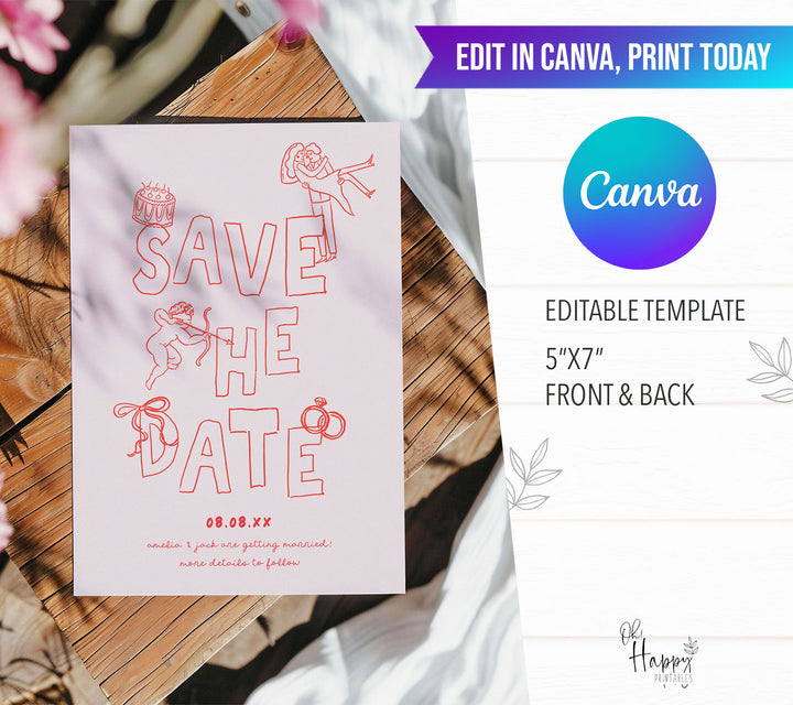 Red Hand Drawn Style Save The Date