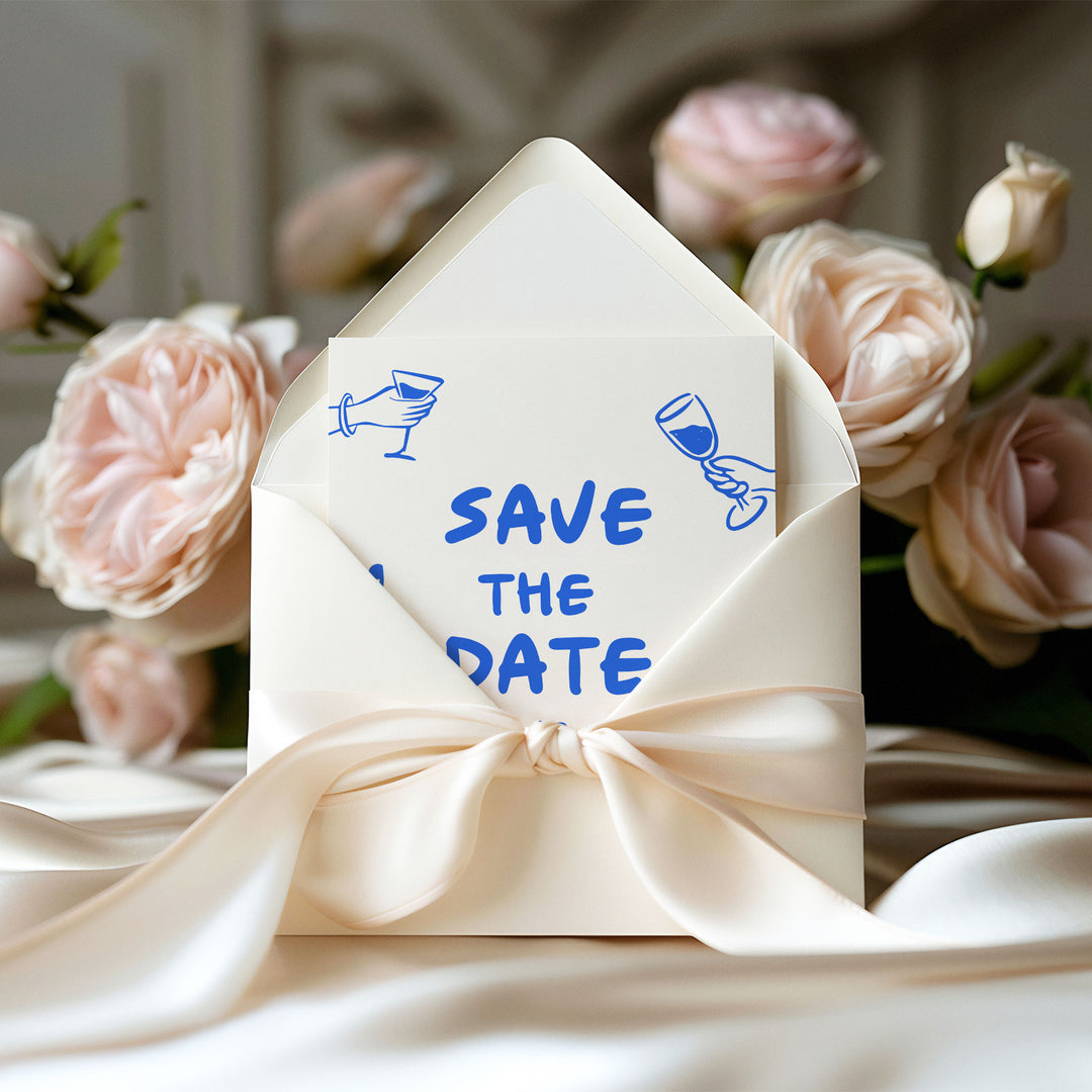 Doodle Blue Wine Glass Save The Date