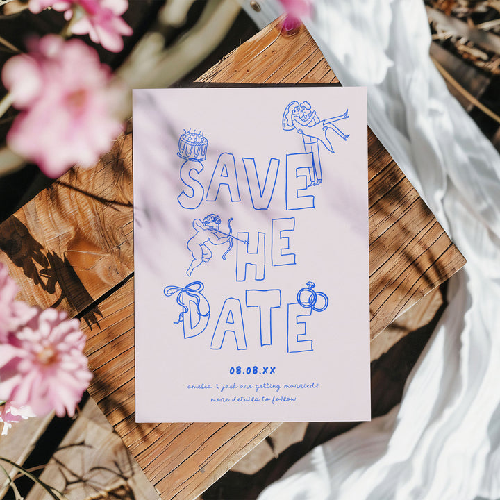 Blue Hand Drawn Style Save The Date