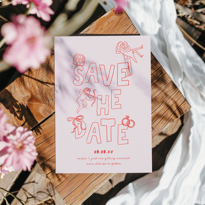 Red Hand Drawn Style Save The Date