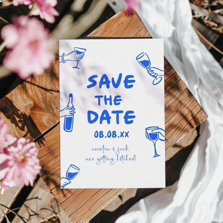 Doodle Blue Wine Glass Save The Date