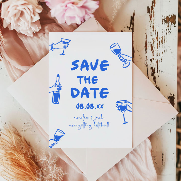 Doodle Blue Wine Glass Save The Date