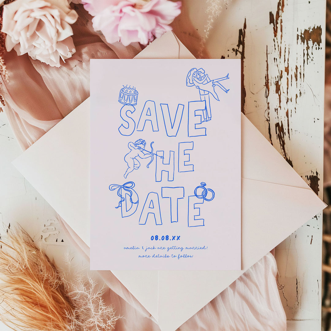 Blue Hand Drawn Style Save The Date